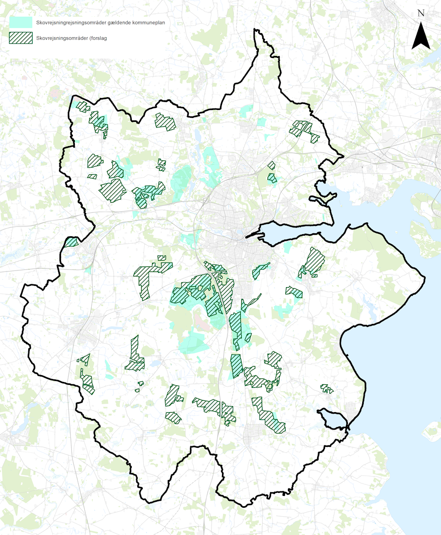 Kort over ændringen fra gældende skovrejsningsområder til forslag til skovrejsningsområder i kommuneplan 2025.